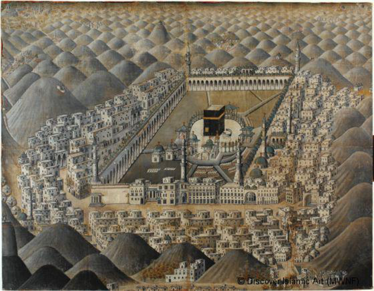 tavla som visar moskén i Mecka med Kàba i centrum
