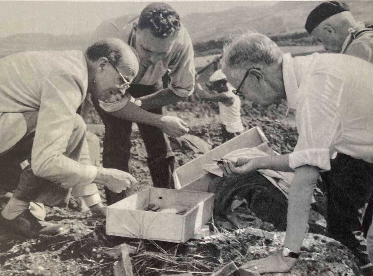 Arkeologiska grävningar i San Giovenale i slutet av 1950-talet, från vänster ses Erik Sjöqvist, Carl Eric Östenberg och Axel Boëthius (bakom kungen). Foto från boken San Giovenale - landet och folket, Allhems förlag, 1960.